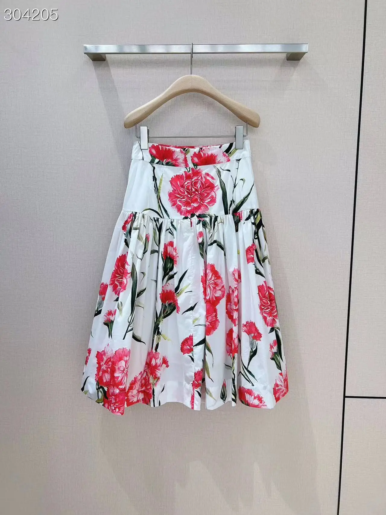 

2023 Floral Print Midi Skirt Runway Women Elegant High Waist Cotton Pleated Skirts Fashion Holiday Clothes