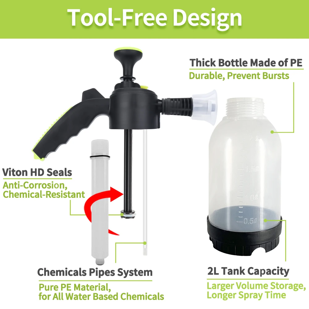 2L 핸드 펌프 폼 스프레이어 스노우 폼건 노즐 압력 완화 밸브 포함 세차 스프레이 병 창문 청소 도구