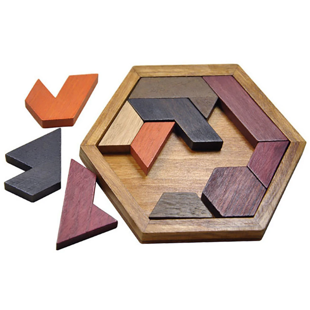 

Classical Hexagonal Wooden Geometric Shape Puzzles Board Tangram Board IQ Brain Teaser Educational Toys