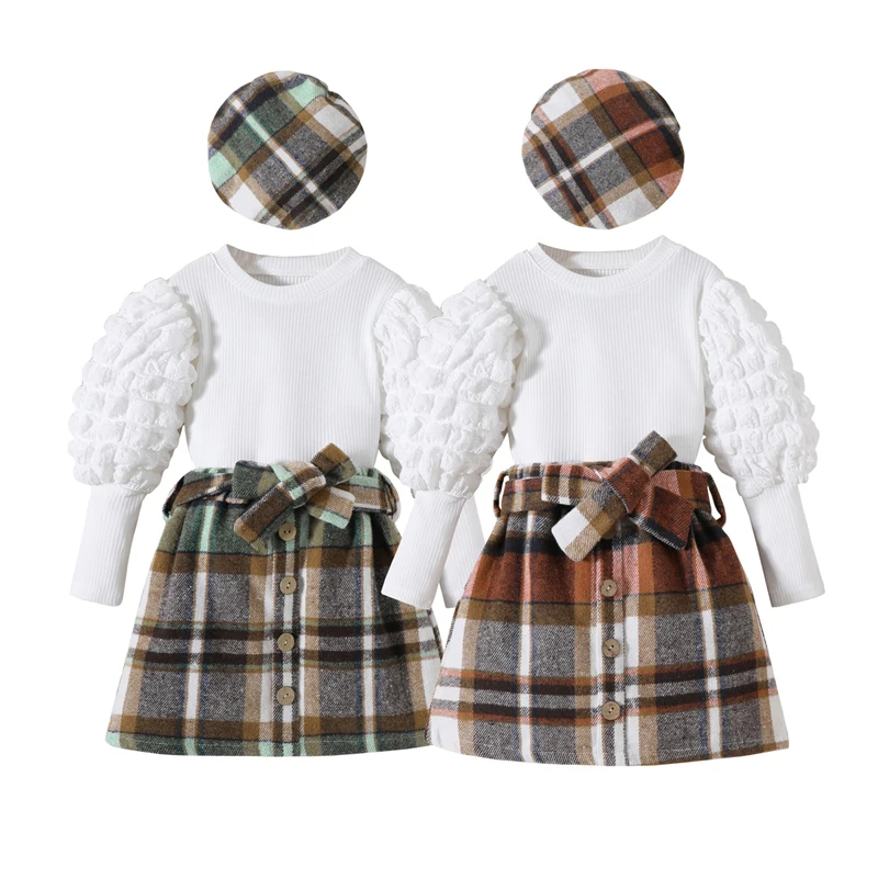 

2023-08-14 Lioraitiin 6M-5Y Kids Girls Autumn Skirt Outfits Baby Long Puff Sleeve Ribbed Tops Plaid Skirt Sets Children Clothes