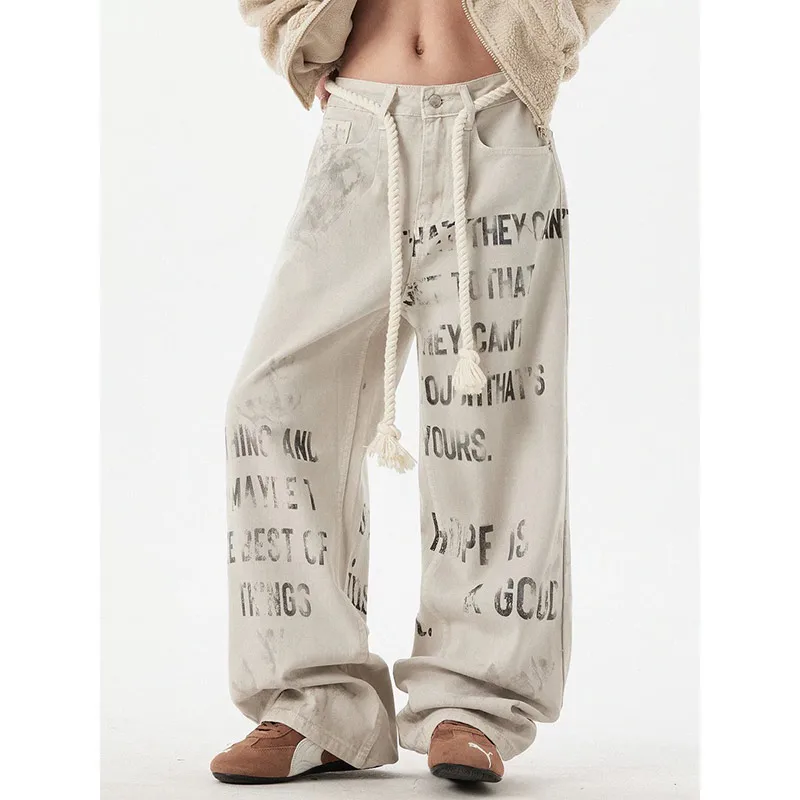 Women's Y2K Graffiti Apricot Wide Leg Jeans