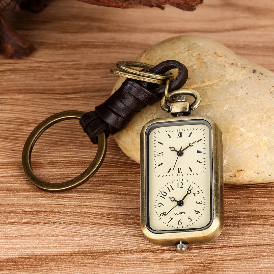 Dual Time Zone Rectangle Shaped Bronze Quartz Keychain Pocket