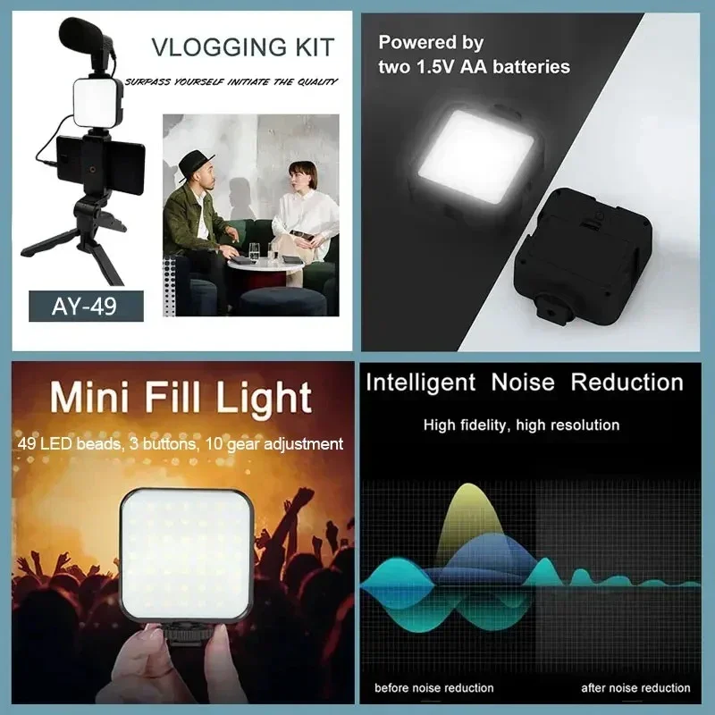 AY49 Smartphone Vlogging Kit Tripod Phone Holder Mini Microphone LED Fill Light Starter For Live Stream Video YouTub