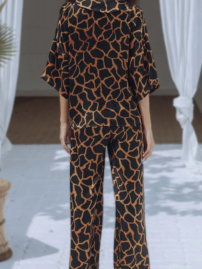 Mathaqiqi Leopard Print Women Pajamas Set Turn-Down Collar Sleepwear Half Sleeve Nightgowns Pants Fashion Ladies Nightwear Suit