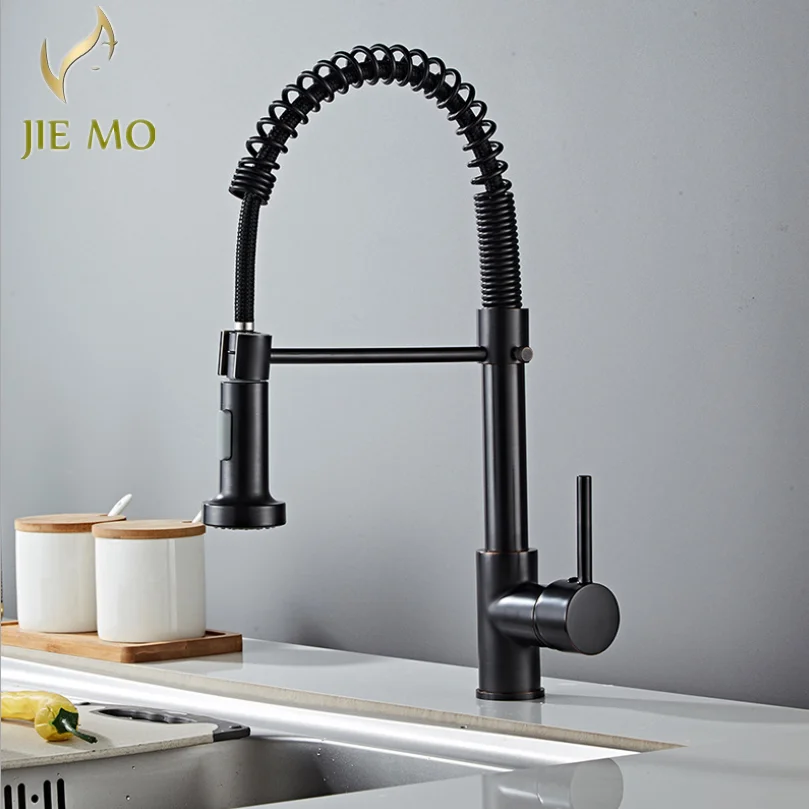 

360° Kitchen Faucets Brush Brass Faucets for Kitchen Sink Single Lever Pull Out Spring Spout Mixers Tap Hot Cold Water Crane