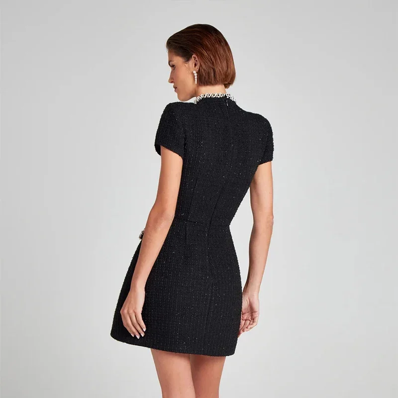 Elegant Tweed Short Party Dress Women Long Sleeve Square Collar Fake Pocket Evening Dresses Autumn Shiny Slim A-line Robes