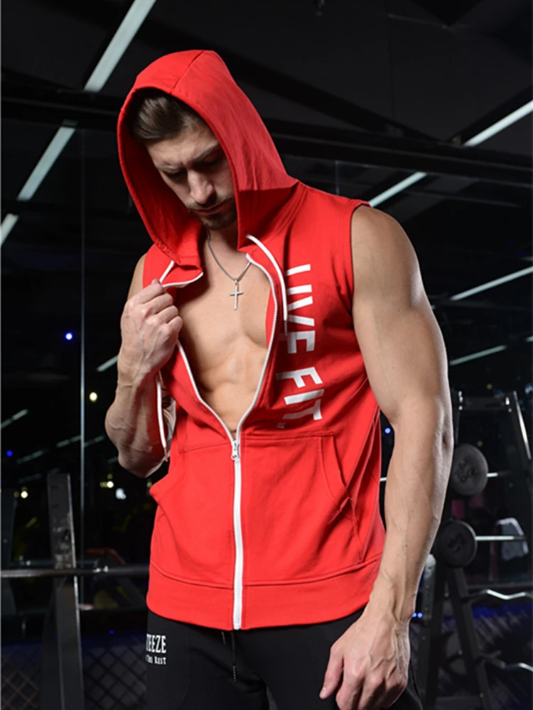 

Fitness Sports Raining Vest Summer New Running Casual Hooded Tank Tops Fashion Zipper Cardigan Clothing