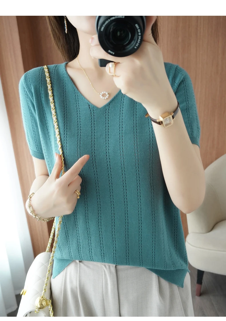 Summer New Thin 100% Pure Cotton Short-Sleeved Sweater Tees Women's V-neck Pullover T-Shirt Hollow Design Casual Knit Tops