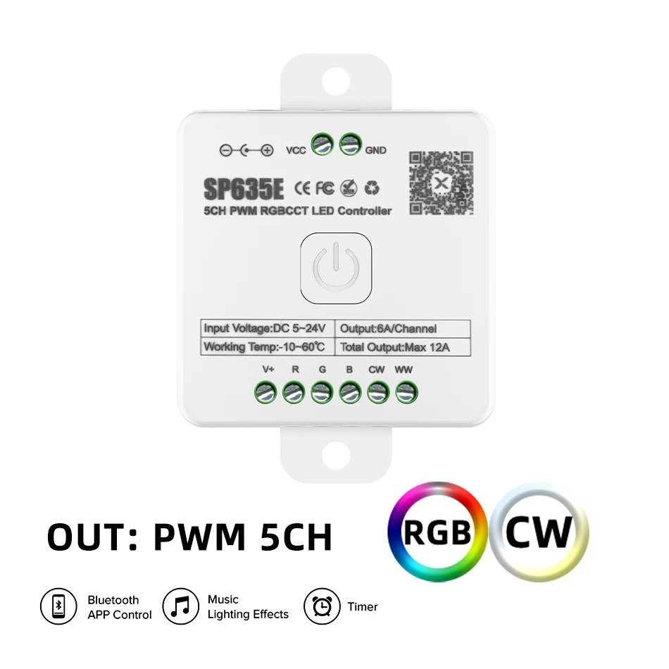 スマート SP635E 5CH PWM RGBCW LED コントローラ DC 5V 12V 24V 12ABluetooth 音楽 RGBCCT  調光器 & 2.4G RF 4 ゾーンタッチワイヤレスリモート - AliExpress