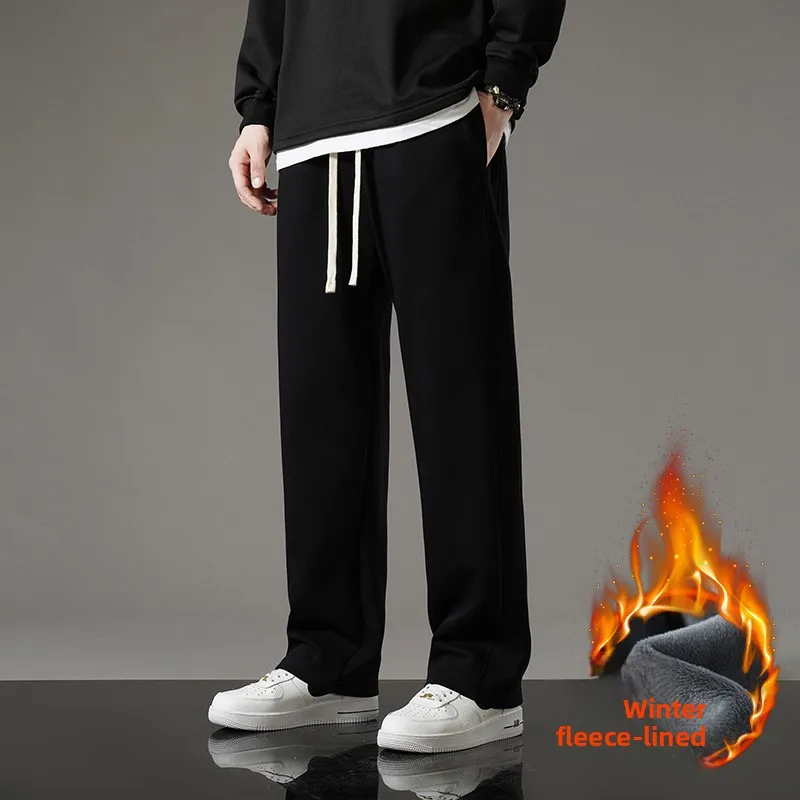 Calça de moletom masculina forrada de lã de inverno, calça cargo slim fit da moda, perna reta, cortada com acabamento