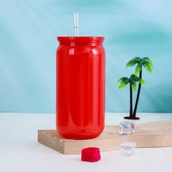 Eco - Friendly Transparent Straw - Colored Portable Plastic Cup with Lid (Red)