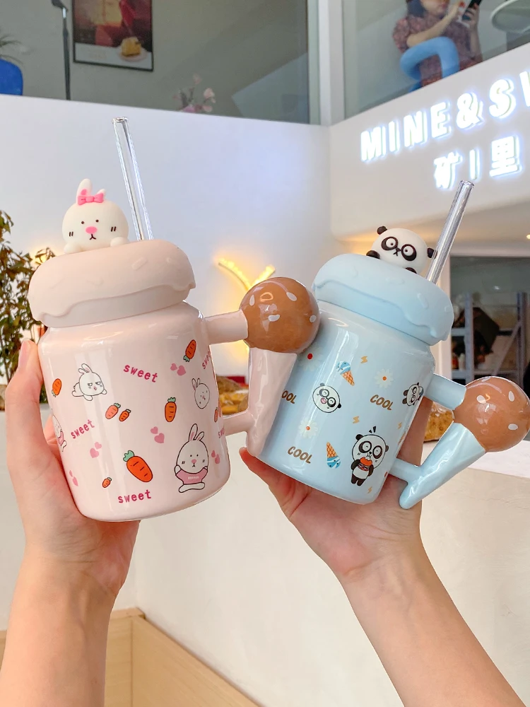 

Beautiful Mug Girls Creative Cute Ceramic Straw Cup with Lid Water Cup Coffee Mug