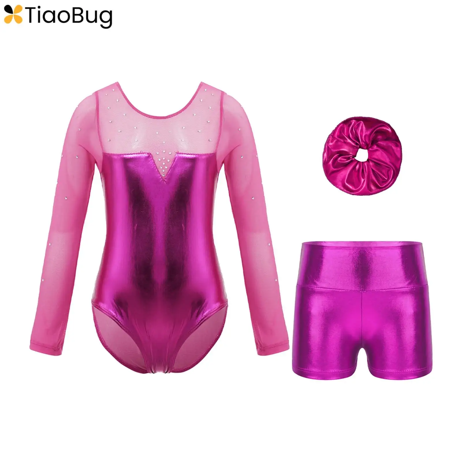 

2024 Kids Girls Gymnastics Leotard Ballet Dancewear Metallic Long Sleeve Sparkly Rhinestones Bodysuit+Shorts+Hair Band Set #4-12