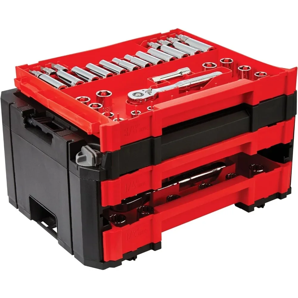 All in One Mechanics Set Tool Set 1/4 in 3/8 in And 1/2 in Drive 230 Piece One Handed Locking Dial 72-tooth Ratchet 5