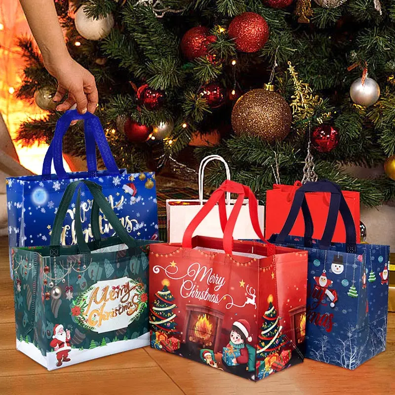 Christmas Tote Bag With Handles Santa Claus Snowman Candy Gift Packaging Bag Merry Xmas New Year Party Decor Noel Shopping Pouch christmas gift bags gift bags