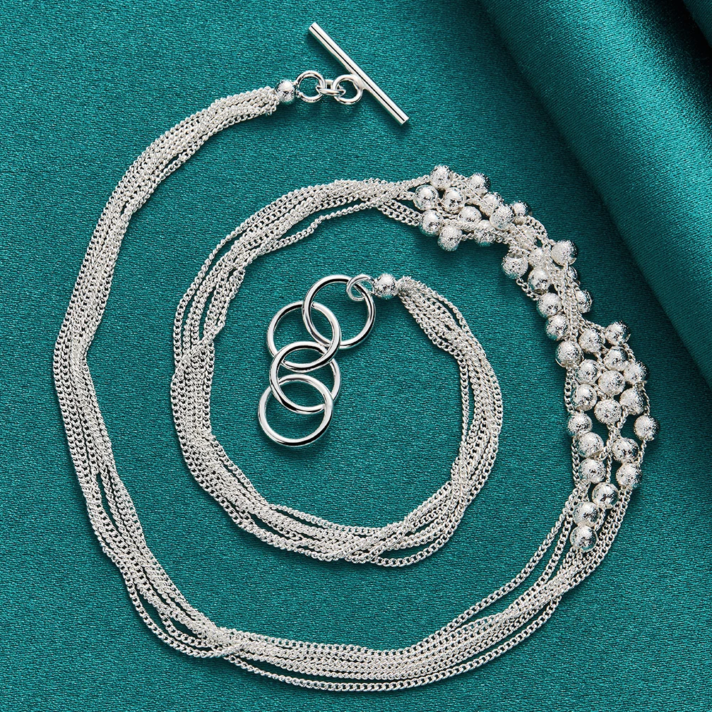 DOTEFFIL 925 Sterling Silver Multi Chain Frosted Ball Grape Beads Necklace For Women Wedding Engagement Party Charm Jewelry women necklace