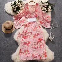 Japan Sakura Print Kimono Sheer V-Neck Petal Sleeves Slim Long Dress Sexy Women Nightgown Bathrobe Sweet Sexy Irregular Pajamas