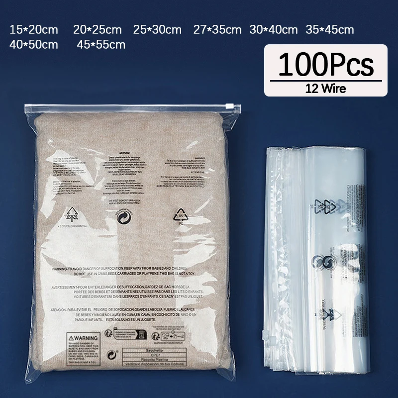 

Zipper Bags Plastic 100pcs Clothes Packaging Transparent Sealed Ziplock Customized Logo Warning Words Small Business Supplies
