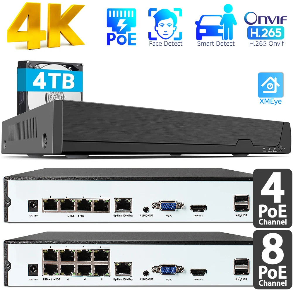 4K 8CH POE NVR (1080P/3MP/4MP/5MP/8MP) Network Video Recorder,CCTV Recorder for 8x 8MP IP Cameras,8-Channel Power Over Ethernet