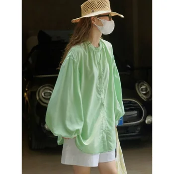 Summer Grass Green Shirts Loose Lyocell  Tops Women Lantern Sleeve Stand Collar Cool Sun Protection Korean Lazy Sky Blue Blouses