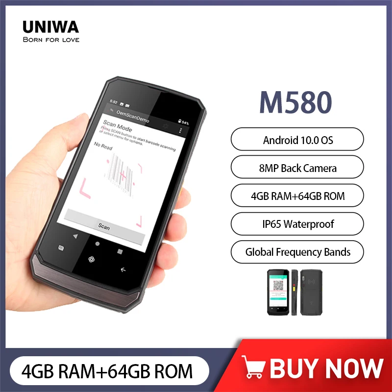 

UNIWA M580 Barcode 2D Scanner Rugged Handheld PDA Smartphone Android 10 Double Batteries IP65 4GB RAM+64GB ROM Mobile Phones NFC
