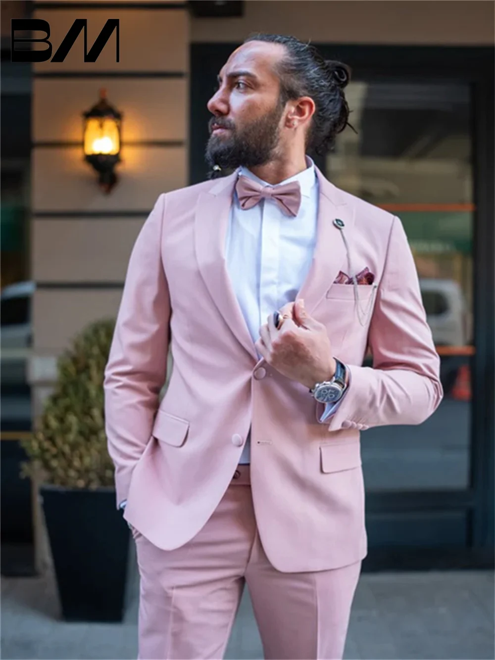 Men Classic Pink 2Pc Suit Single Breasted Silver Embellished Elegant Groomsmen Wedding Dinner Prom Party Personalized Coat Pant