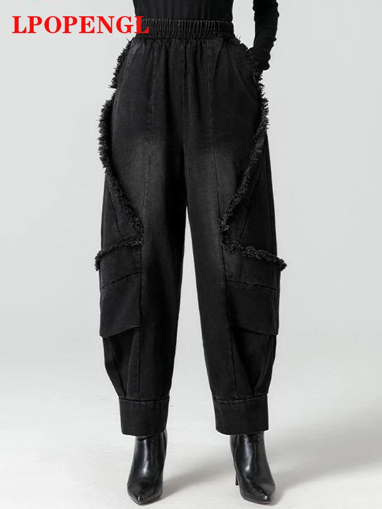 

Vintage Thick Jeans Women's Winter New Denim Bloomers Harem Pants Elastic High Waist Mom Loose Casual Pants Wide Leg Trousers