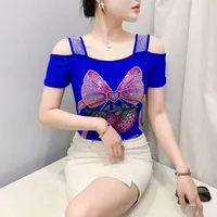 Summer Women European Clothes T-Shirt Sexy Luxury Hot Diamonds Elegant Tops Female Brand Design Bow Streetwear Tees - Image 3