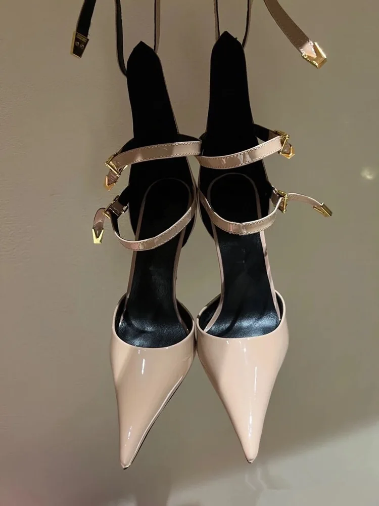 Metal Stiletto Heel Pointed Toe Patent Leather Hollow Shallow Mouth Sandals Foreign Trade Cross-Border Belt Buckle Single Shoes