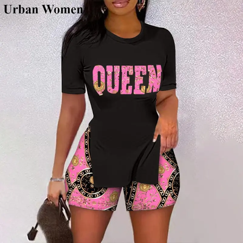 Summer Plus Size Two Piece Set Women Fashion Print Split Tshirt Shorts Suit Casual Two Piece Suit Women