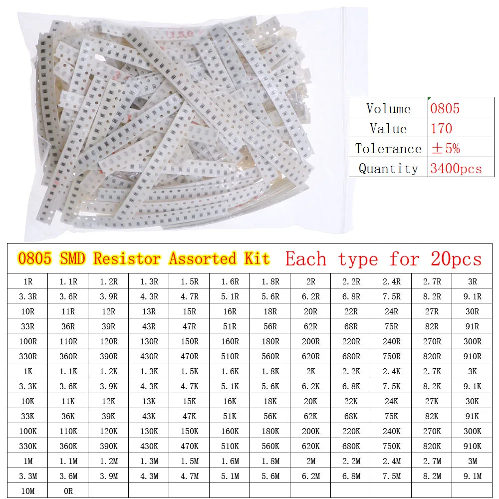 0402 0603 0805 1206 2512 SMD Chip Fixed Resistor 0ohm-10Mohm Assortment Kit carbon film resistors kit resistor assortment