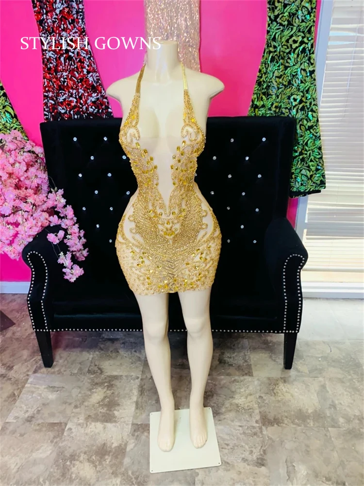 

2024 Gold Short Prom Dresses Beaded Crystal Birthday Party Dress Rhinestone Mini Robes De Cocktail Homecoming Robe De Bal