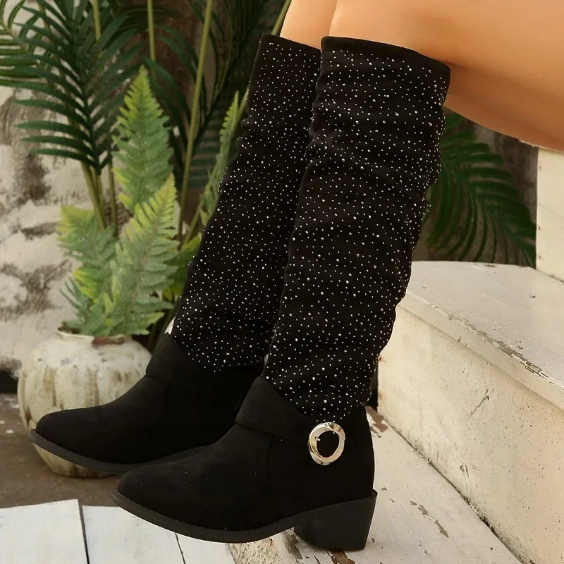 Pointed Toe Knee High Boots for Fall Winter Sparkling Cuff Design Metal Buckle Accents Thick Heel Soft Comfortable Inner Lining