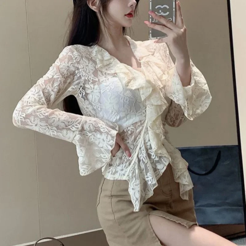 y2k Lace Blouse Women Coquette Clothes Sheer See Through Ruffle Flared Long Sleeve Shirt Top 2000s Clothing Streetwear