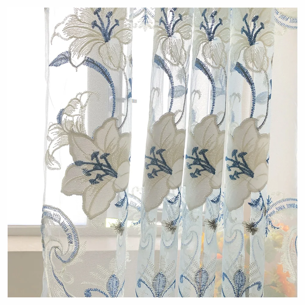 Elegant Light Blue Floral Sheer Embroidered Curtains For Living Room Bedroom Lace Window Treatment Voile Panel Drape