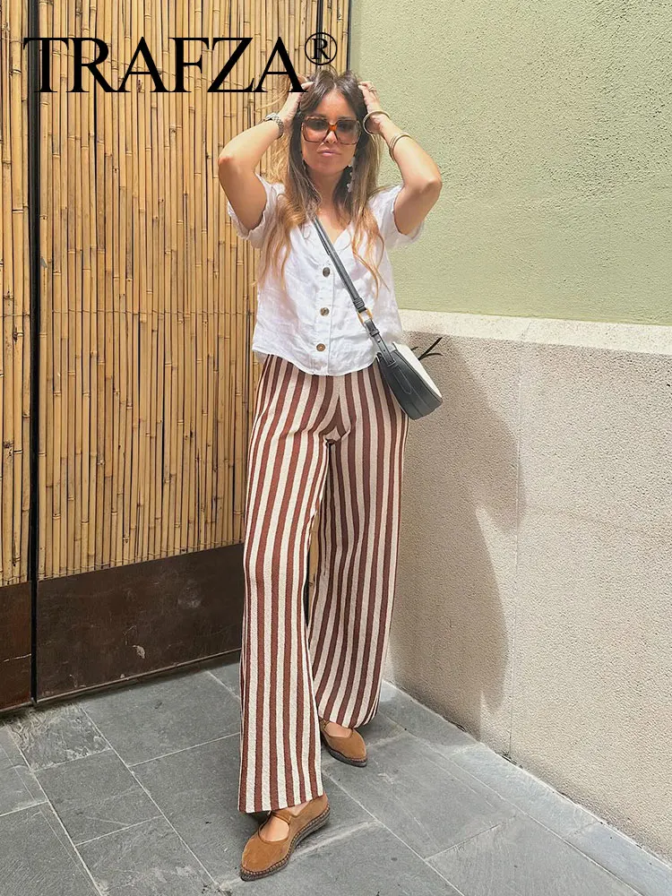 

Брюки женские свободные трикотажные в полоску, с высокой талией и эластичным поясом