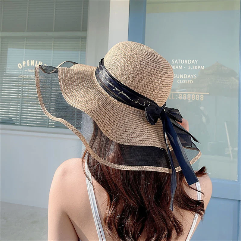 

Foldable Big Brim Floppy Girls Straw Hat Sun Hat With Bowknot Elegant Protection Shading Fashion Beach Caps For Women