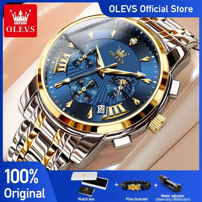 OLEVS Men's Luxury Multifunctional Chronograph Quartz Wristwatch - Waterproof, Luminous, Moon Phase Display