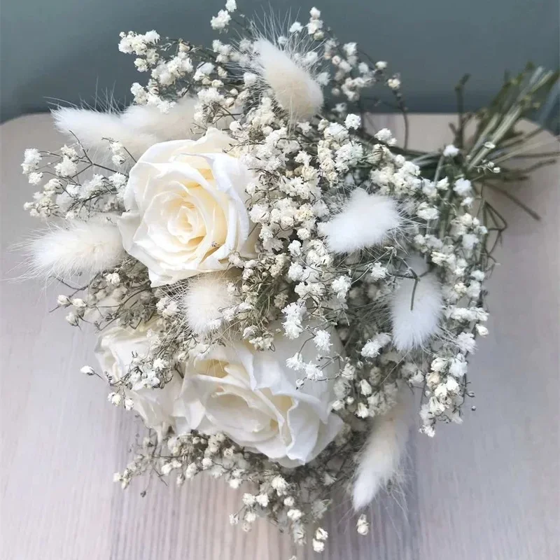 Dried Bunny Tail Artificial Rose Flowers Bridal Wedding Bouquets For Bride Boho Wedding Ceremony And Anniversary Arrangement