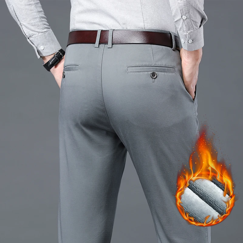 

Fleece Men's Business Suit Pants Thicken Warm Fashion Straight Stretch Work Velvet Formal Trousers Male Brand Clothing