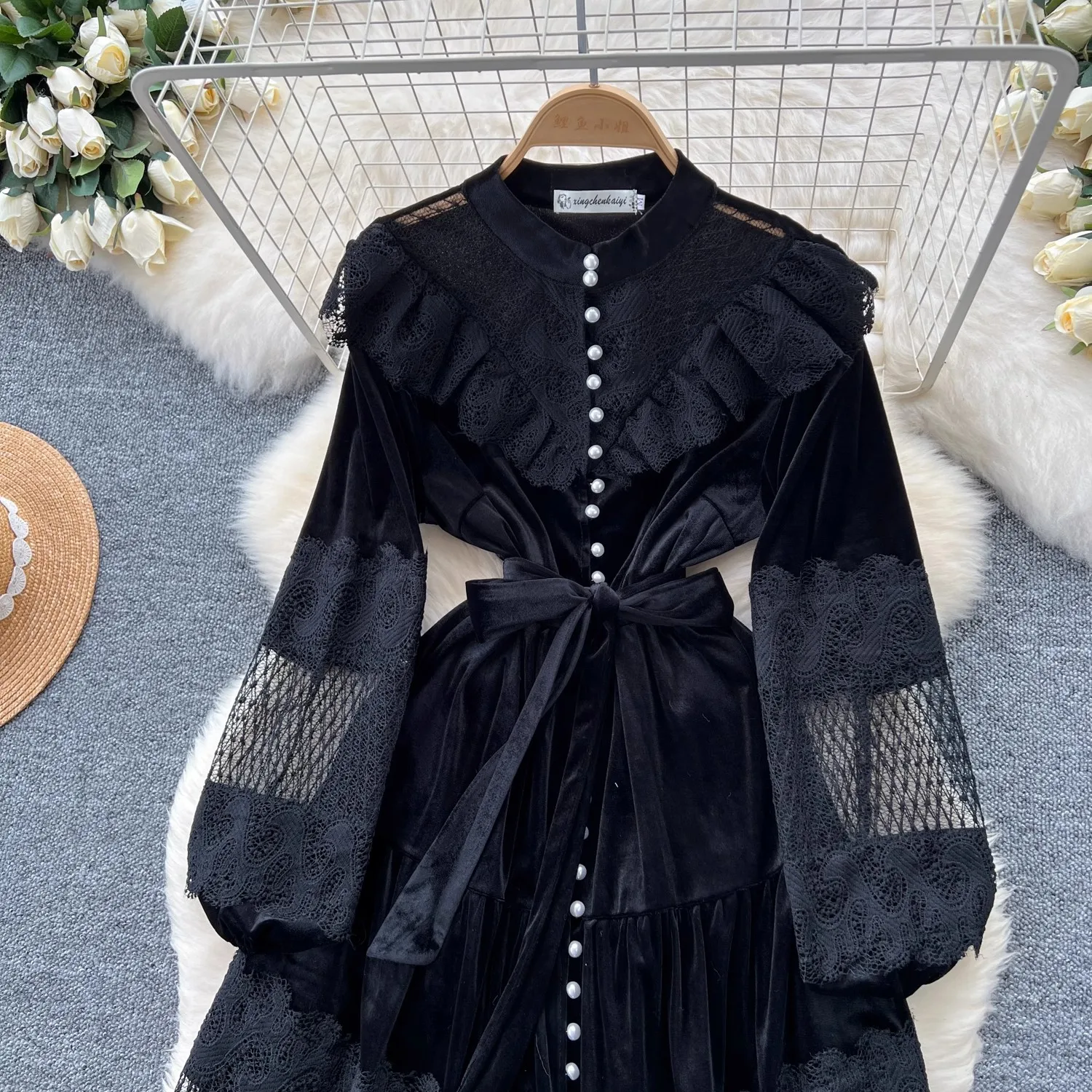 فستان فرنسي عتيق مطرز بالدانتيل من المخمل للنساء ب...