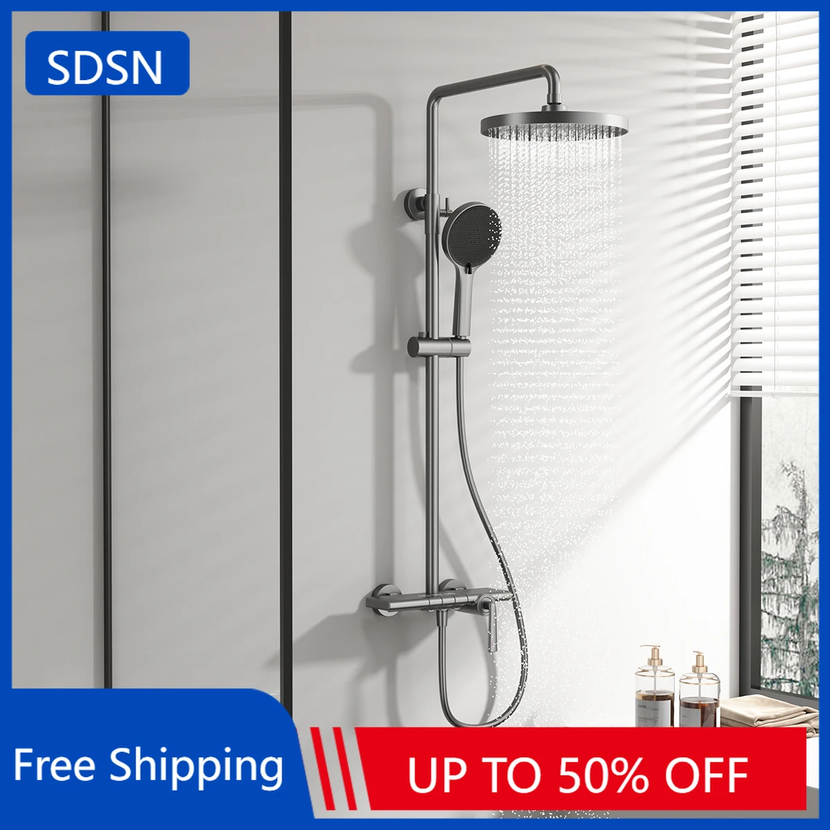 ชุดฝักบัวอาบน้ำแบบเปียโน น้ำร้อนน้ำเย็น วัสดุทองเหลืองแท้ พร้อมก๊อกน้ำแบบน้ำตก สีโรสโกลด์ 1