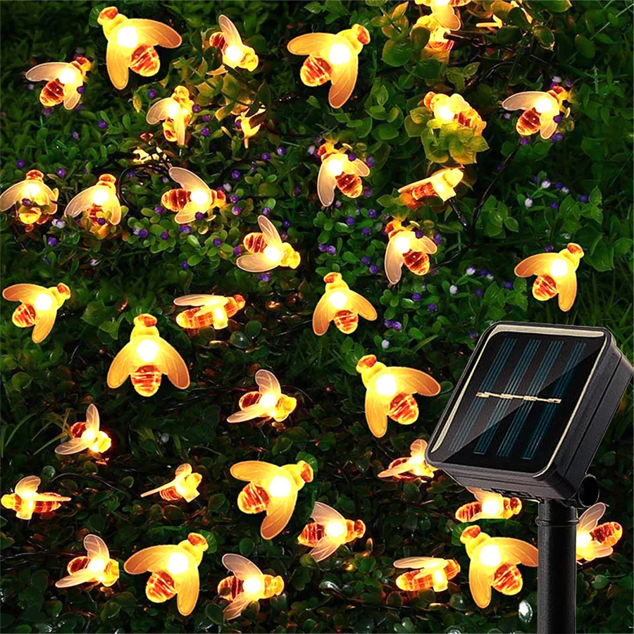 8 Modes Outdoor LED Solar Bee Shaped  String Lights Waterproof Christmas Garlands Fairy Lights for Party Patio Garden Decoration tooarts 31 2inch cartoon toucan sculpture iron bird sculpture garden decoration standing animal ornament artwork for backyard patio lawn green