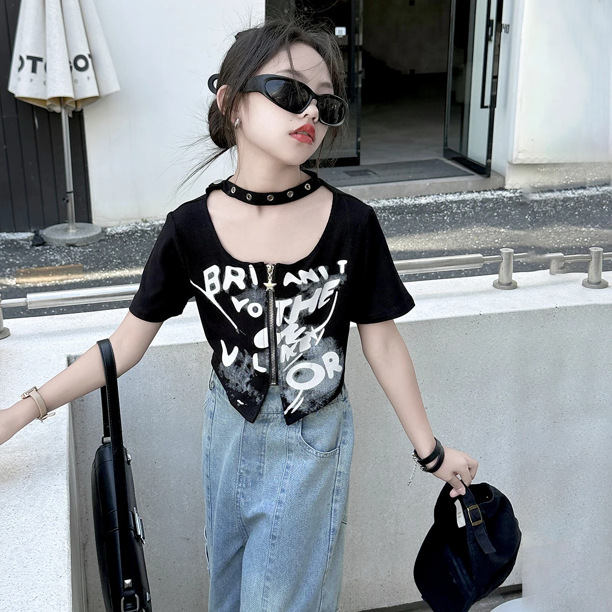 여름 여아용 불규칙 짧은 티셔츠, 지퍼 셔츠, 면 티셔츠, 한국 패션, 여름, 8, 10, 12, 14