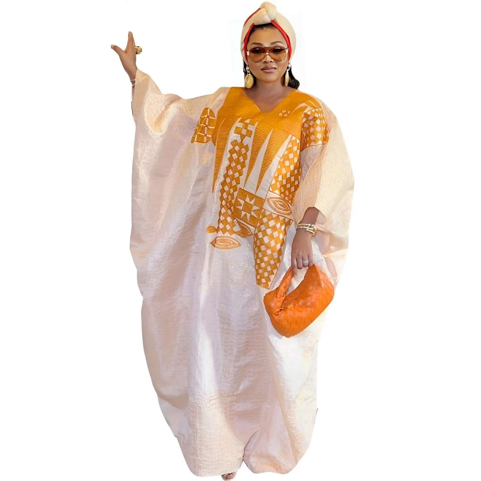 African Dress For Woman Plus Size Bazin Riche Embroidery Floor Long With Scarf