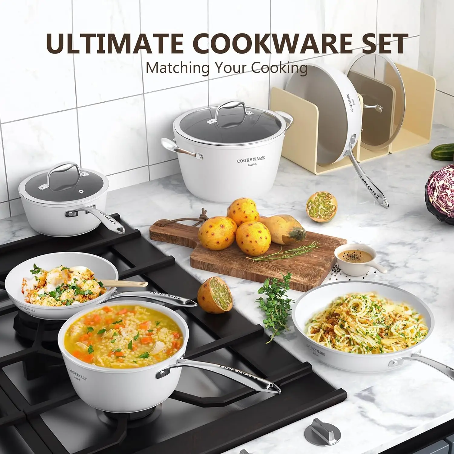 Nonstick Ceramic Cookware Set, 10 Pieces White Pots and Pans Set with Glass Lids & Stainless Steel Handles, Induction 5
