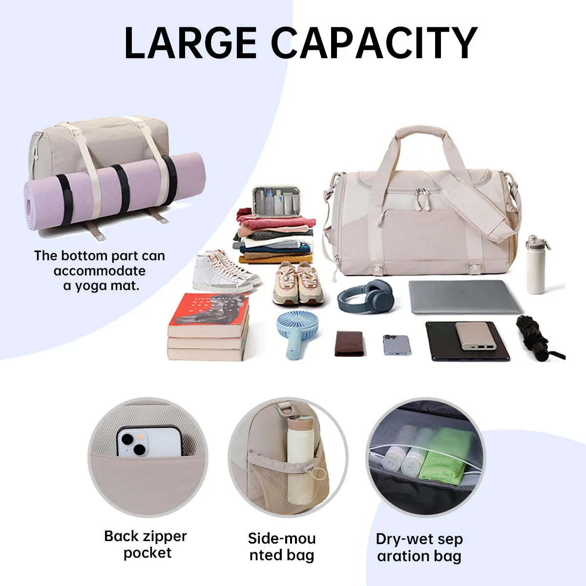 Large-Capacity Travel Bag, Lightweight Short-Distance Carry-On Travel Luggage Bag, Independent Shoe Bag, Can Be Used as a Yoga Bag for Fitness