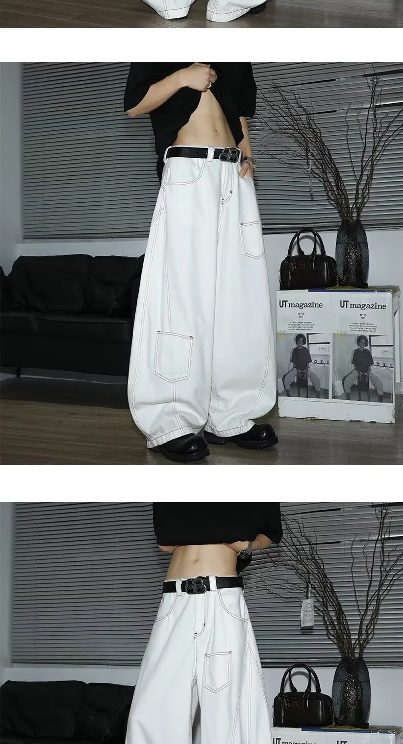Y2K Men's Jeans White High-Waisted Wide-Leg Denim Pants Retro Baggy Style Fashion Loose Fit Casual Denim Trousers Streetwear