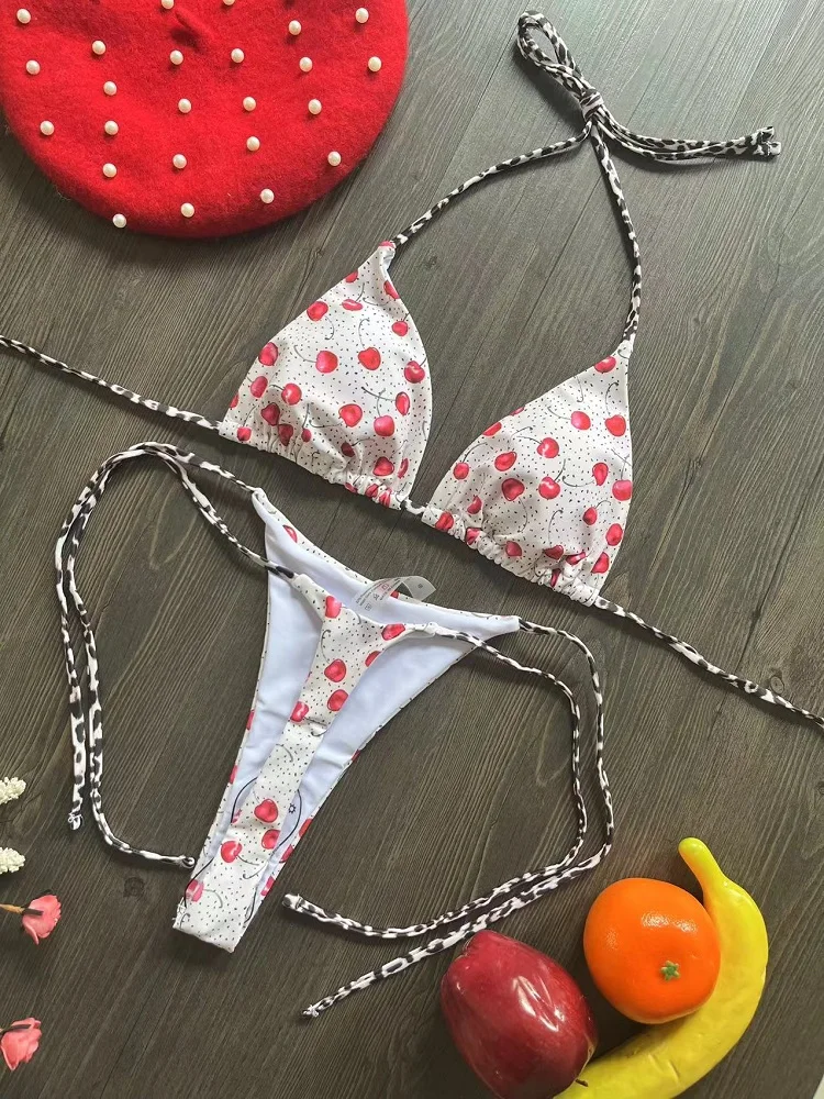 Women's Cherry Print Brazilian Thong Bikini Set - Cute & Sexy Two-Piece Swimsuit