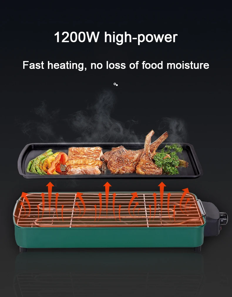 DMWD 1200W Home Electric Grill Indoor Smokeless Food Barbecue Grill Barbecue Baking Flat Pan Non-Stick BBQ Roasting Omelette Pan 5